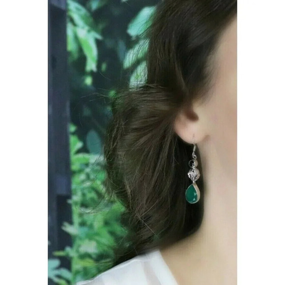 Sterling Silver Garnet and Green Onyx Dangle Drop Earrings - Picture 3 of 7